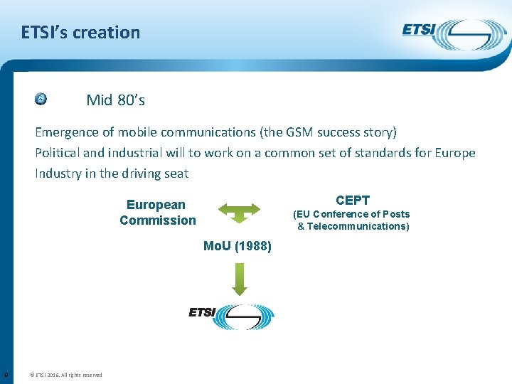 ETSI’s creation Mid 80’s Emergence of mobile communications (the GSM success story) Political and