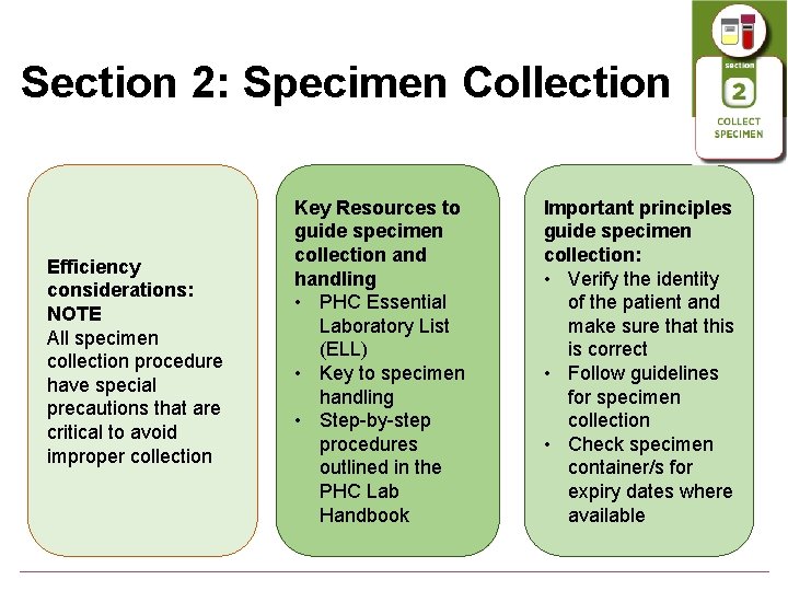 Section 2: Specimen Collection Efficiency considerations: NOTE All specimen collection procedure have special precautions