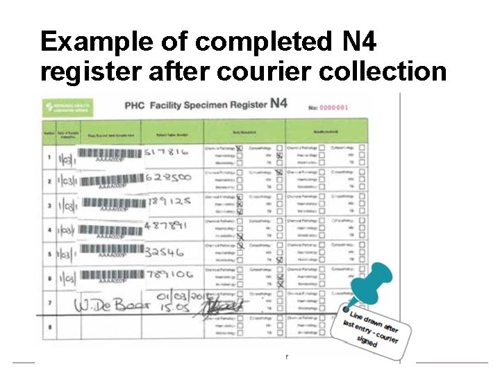 Example of completed N 4 register after courier collection 