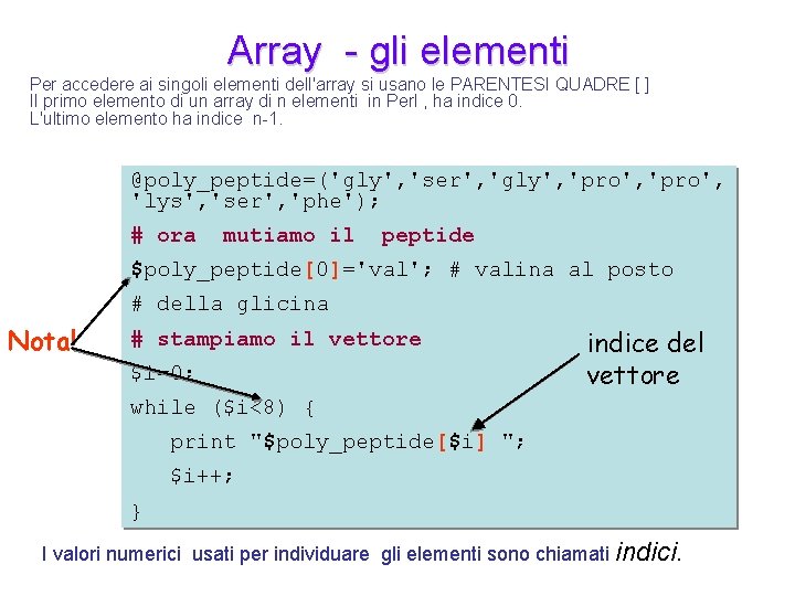 Array - gli elementi Per accedere ai singoli elementi dell'array si usano le PARENTESI