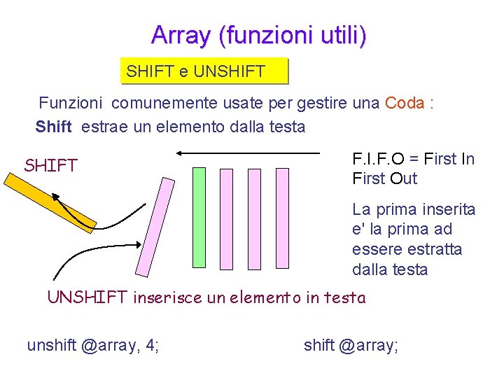  Array (funzioni utili) SHIFT e UNSHIFT Funzioni comunemente usate per gestire una Coda