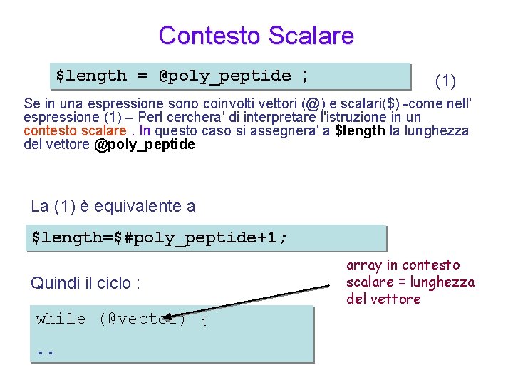 Contesto Scalare $length = @poly_peptide ; (1) Se in una espressione sono coinvolti vettori