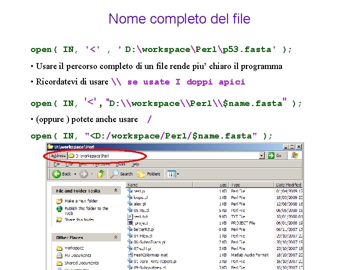 Nome completo del file open( IN, '<' , ' D: workspacePerlp 53. fasta' );