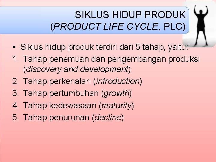 SIKLUS HIDUP PRODUK (PRODUCT LIFE CYCLE, PLC) • Siklus hidup produk terdiri dari 5