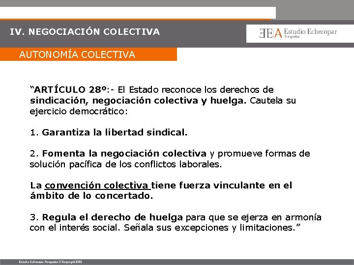 IV. NEGOCIACIÓN COLECTIVA AUTONOMÍA COLECTIVA “ARTÍCULO 28º: - El Estado reconoce los derechos de