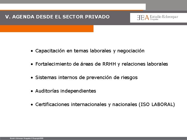 V. AGENDA DESDE EL SECTOR PRIVADO • Capacitación en temas laborales y negociación •