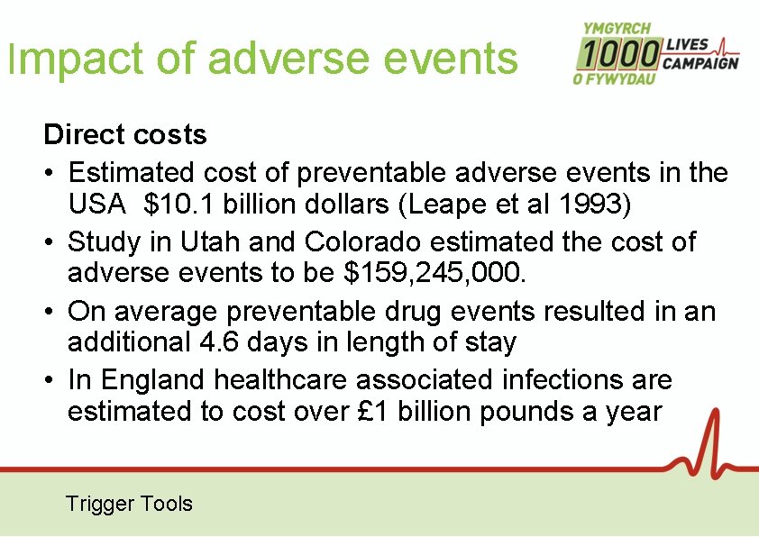 Impact of adverse events Direct costs • Estimated cost of preventable adverse events in