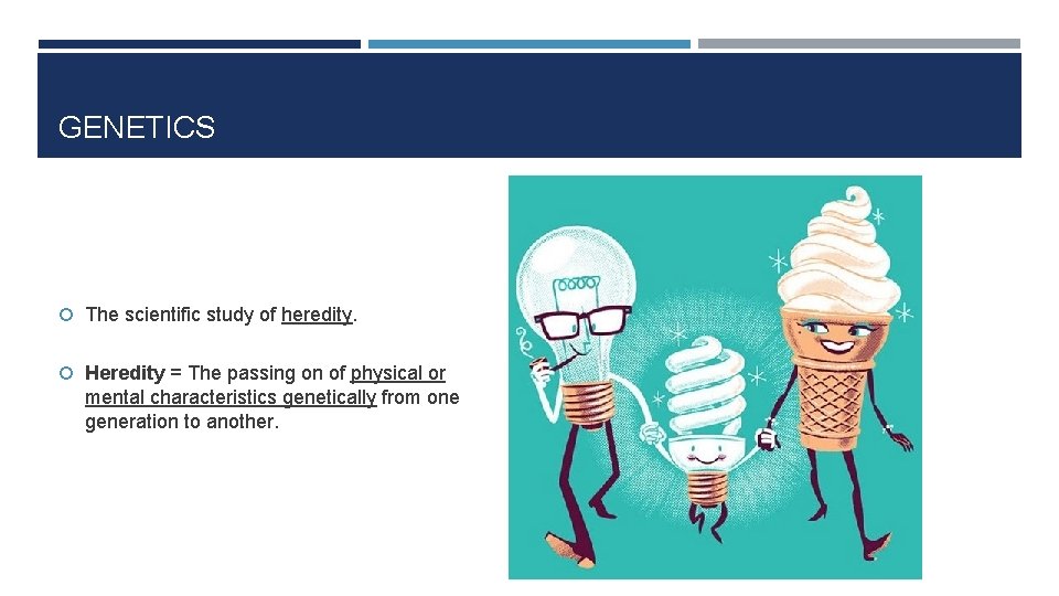 GENETICS The scientific study of heredity. Heredity = The passing on of physical or