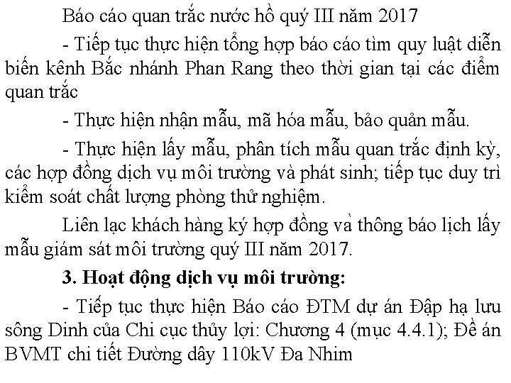 Báo cáo quan trắc nước hồ quý III năm 2017 - Tiếp tục thực