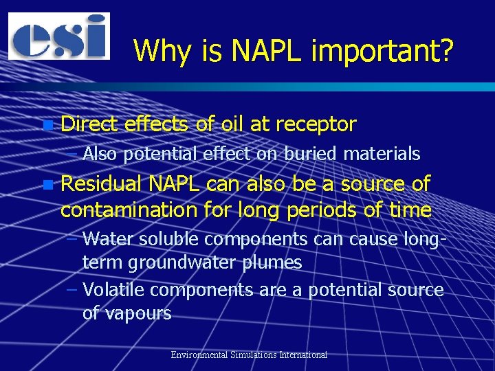 Why is NAPL important? n Direct effects of oil at receptor – Also potential