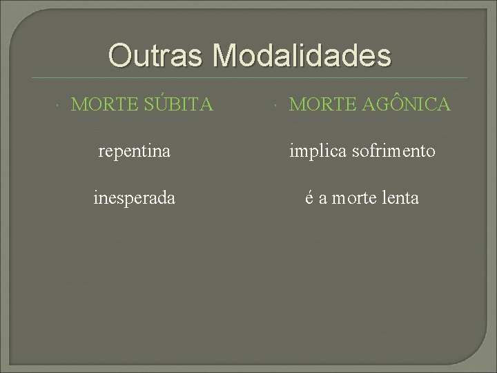 Outras Modalidades MORTE SÚBITA MORTE AGÔNICA repentina implica sofrimento inesperada é a morte lenta