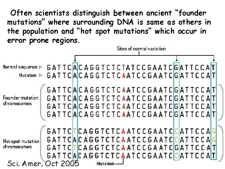 Often scientists distinguish between ancient “founder mutations” where surrounding DNA is same as others