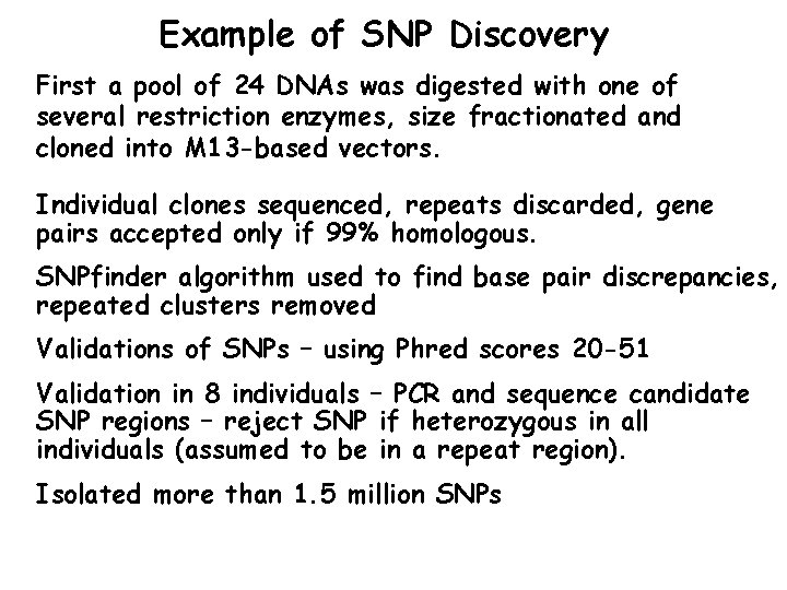 Example of SNP Discovery First a pool of 24 DNAs was digested with one