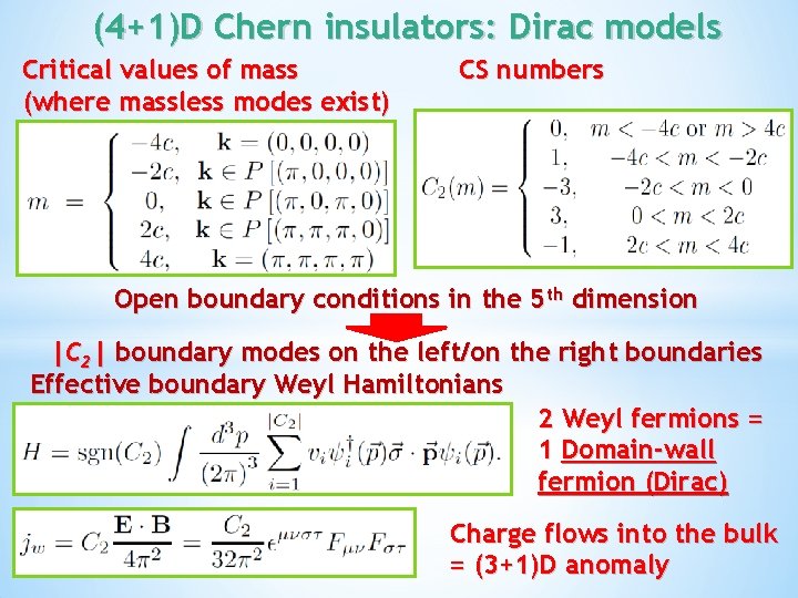 (4+1)D Chern insulators: Dirac models Critical values of mass (where massless modes exist) CS