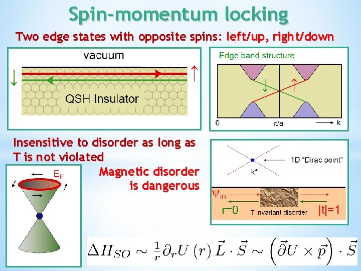 Spin-momentum locking Two edge states with opposite spins: left/up, right/down Insensitive to disorder as