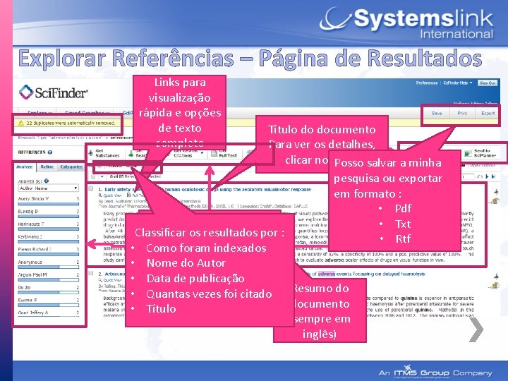 Explorar Referências – Página de Resultados Links para visualização rápida e opções de texto