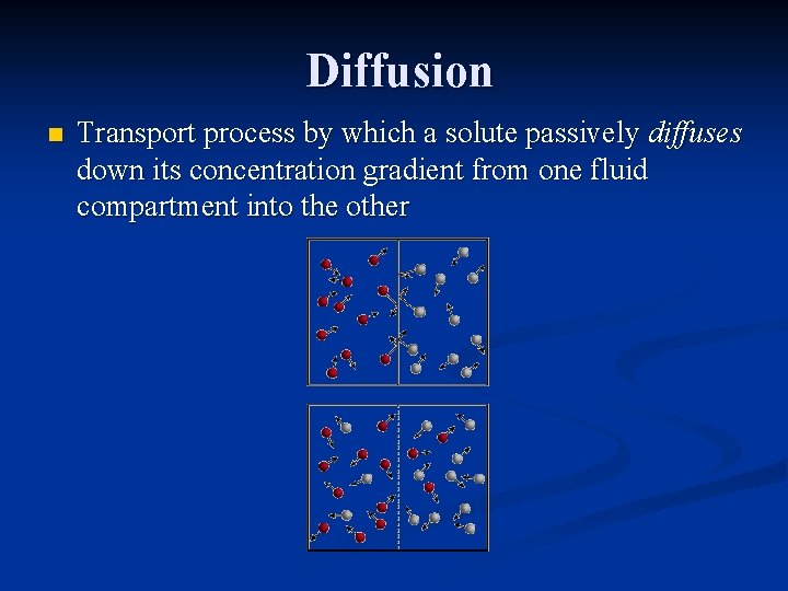 Diffusion n Transport process by which a solute passively diffuses down its concentration gradient