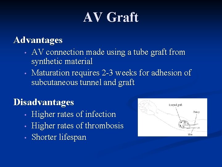 AV Graft Advantages • • AV connection made using a tube graft from synthetic