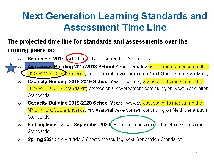 Next Generation Learning Standards and Assessment Time Line The projected time line for standards