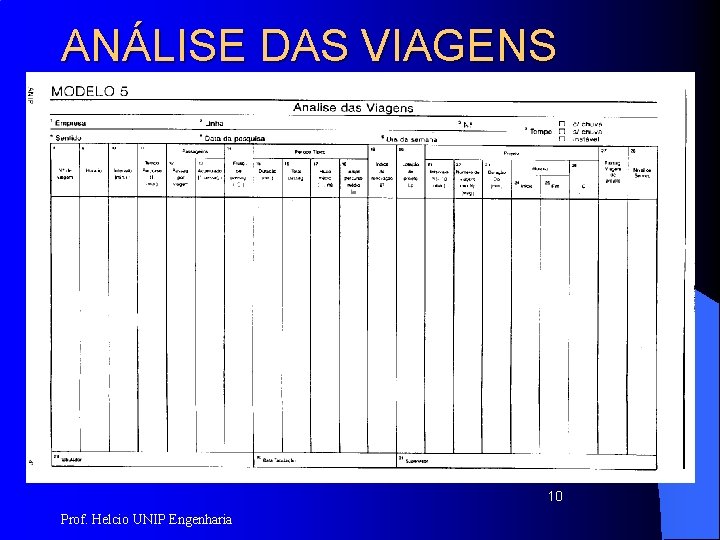 ANÁLISE DAS VIAGENS 10 Prof. Helcio UNIP Engenharia 