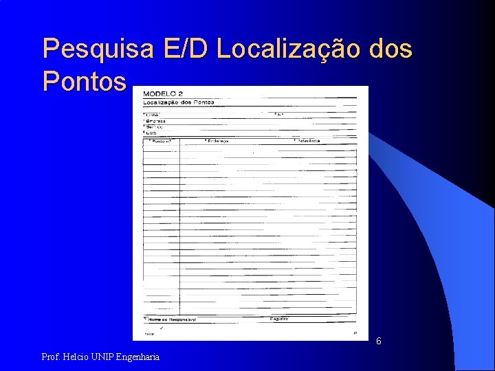 Pesquisa E/D Localização dos Pontos 6 Prof. Helcio UNIP Engenharia 