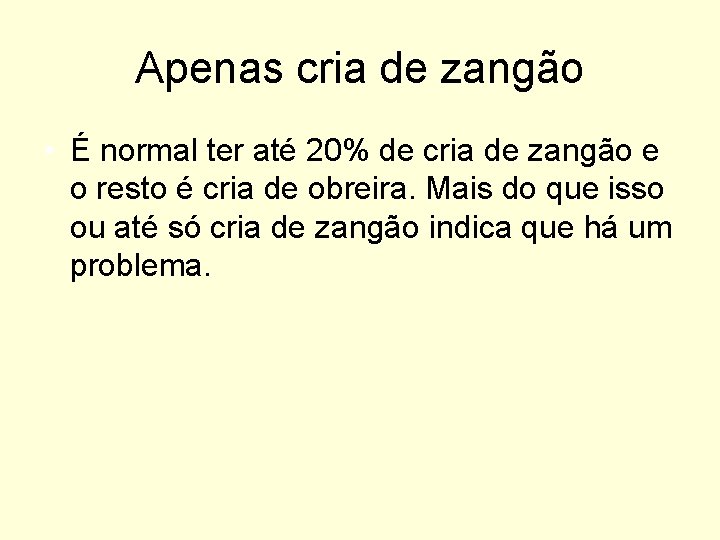 Apenas cria de zangão • É normal ter até 20% de cria de zangão