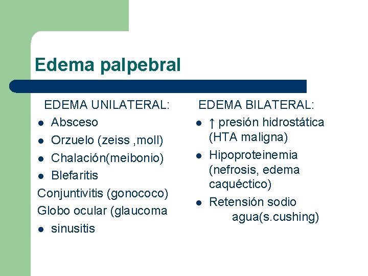 Edema palpebral EDEMA UNILATERAL: l Absceso l Orzuelo (zeiss , moll) l Chalación(meibonio) l
