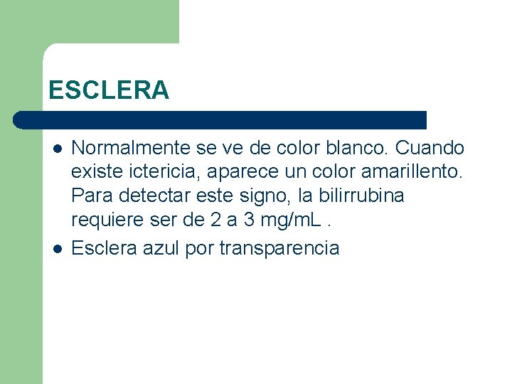 ESCLERA l l Normalmente se ve de color blanco. Cuando existe ictericia, aparece un