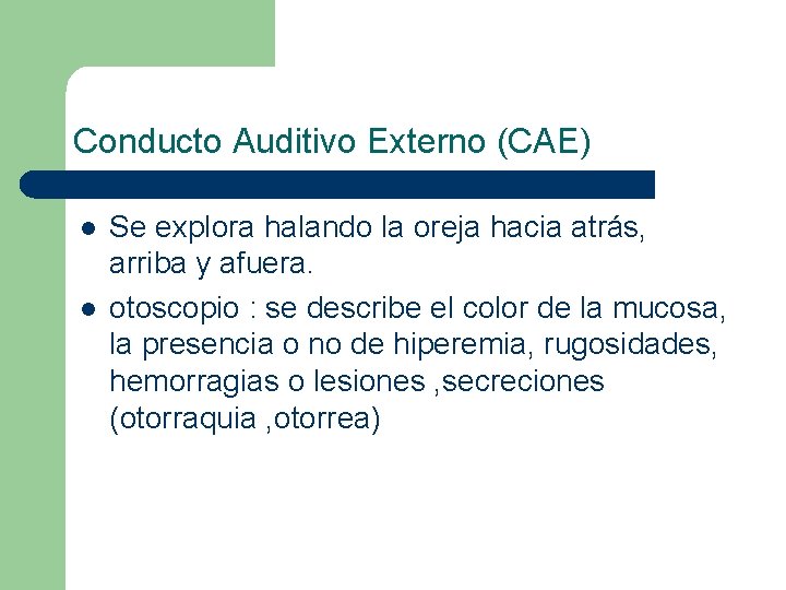 Conducto Auditivo Externo (CAE) l l Se explora halando la oreja hacia atrás, arriba