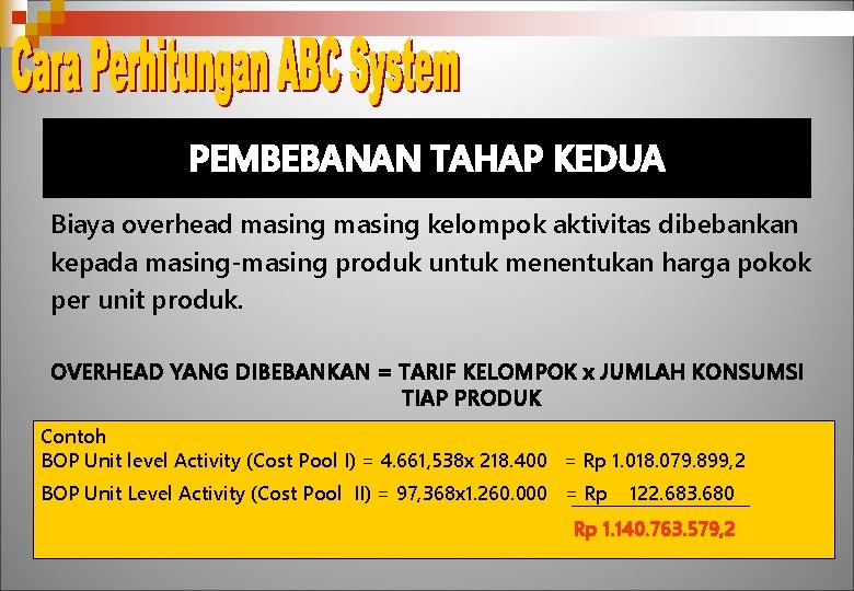 PEMBEBANAN TAHAP KEDUA Biaya overhead masing kelompok aktivitas dibebankan kepada masing-masing produk untuk menentukan