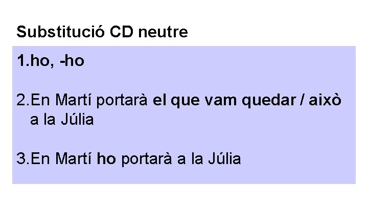 Substitució CD neutre 1. ho, -ho 2. En Martí portarà el que vam quedar Substitució CD neutre 1. ho, -ho 2. En Martí portarà el que vam quedar