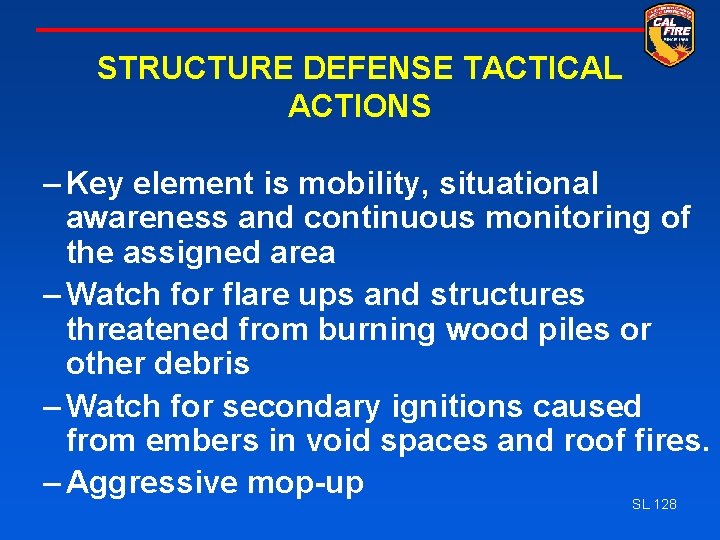 STRUCTURE DEFENSE TACTICAL ACTIONS – Key element is mobility, situational awareness and continuous monitoring
