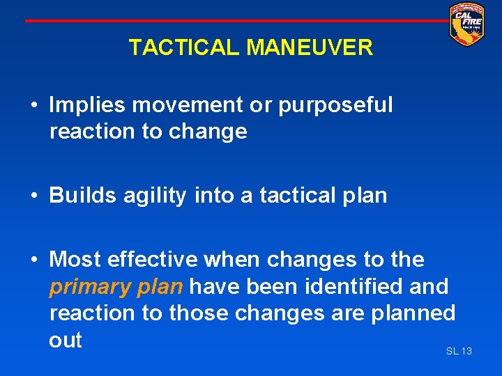 TACTICAL MANEUVER • Implies movement or purposeful reaction to change • Builds agility into