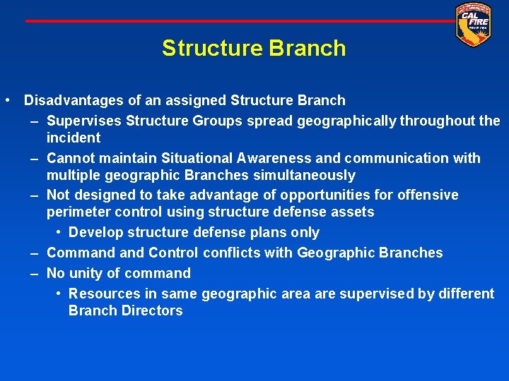 Structure Branch • Disadvantages of an assigned Structure Branch – Supervises Structure Groups spread