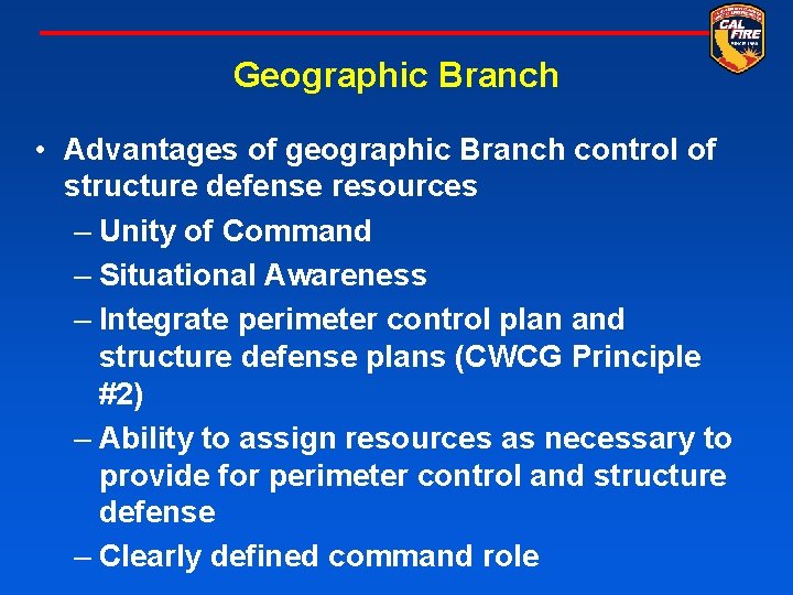 Geographic Branch • Advantages of geographic Branch control of structure defense resources – Unity