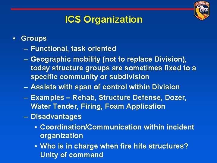 ICS Organization • Groups – Functional, task oriented – Geographic mobility (not to replace