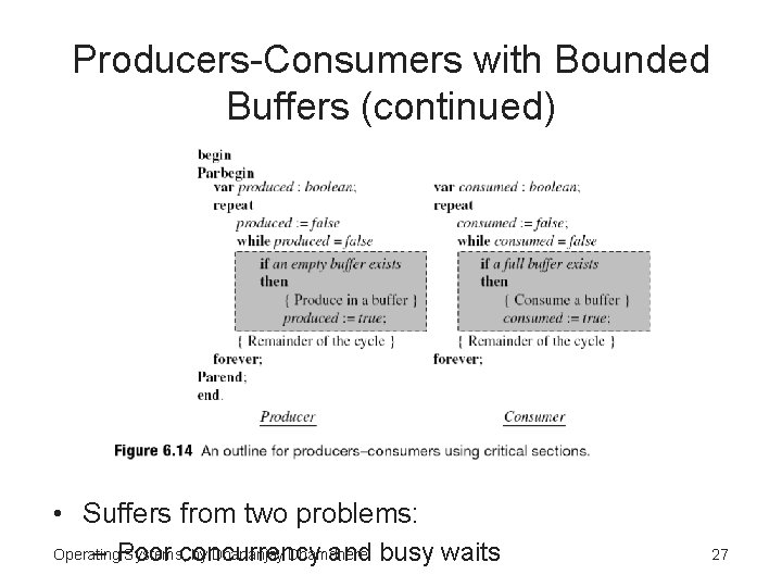 Producers-Consumers with Bounded Buffers (continued) • Suffers from two problems: – Poor concurrency and