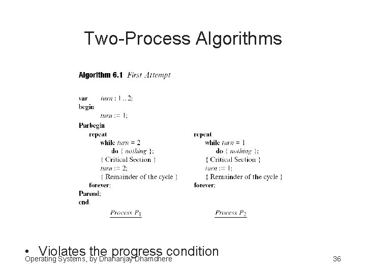 Two-Process Algorithms • Violates the progress condition Operating Systems, by Dhananjay Dhamdhere 36 