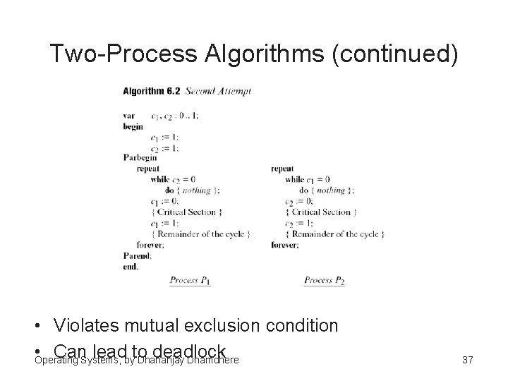 Two-Process Algorithms (continued) • Violates mutual exclusion condition • Can lead to deadlock Operating
