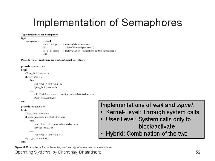 Implementation of Semaphores Implementations of wait and signal: • Kernel-Level: Through system calls •