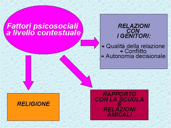Fattori psicosociali a livello contestuale RELAZIONI CON I GENITORI: Qualità della relazione Conflitto Autonomia