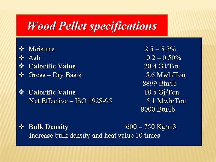 Wood Pellet specifications v v Moisture Ash Calorific Value Gross – Dry Basis v