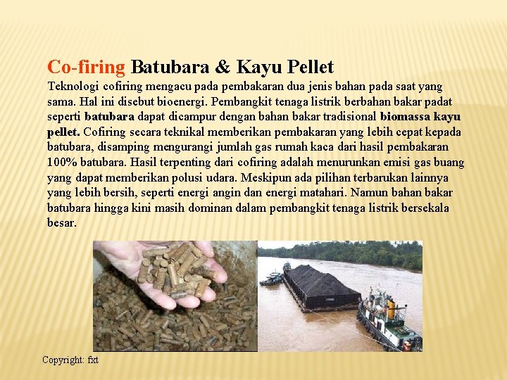 Co-firing Batubara & Kayu Pellet Teknologi cofiring mengacu pada pembakaran dua jenis bahan pada