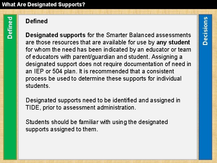 Defined Designated supports for the Smarter Balanced assessments are those resources that are available