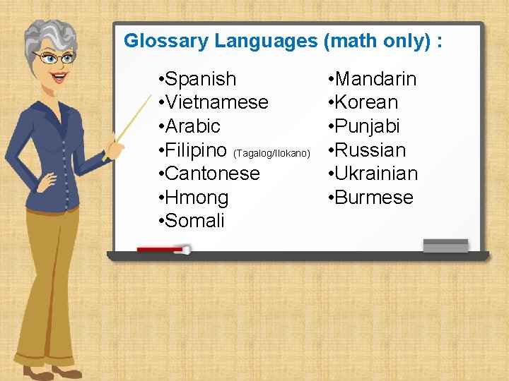 Glossary Languages (math only) : • Spanish • Vietnamese • Arabic • Filipino (Tagalog/Ilokano)