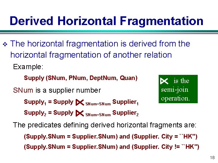 Derived Horizontal Fragmentation v The horizontal fragmentation is derived from the horizontal fragmentation of