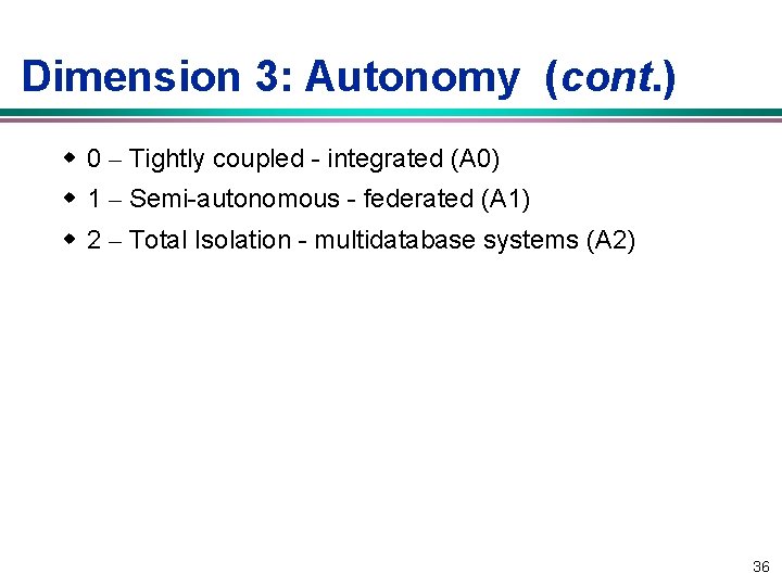 Dimension 3: Autonomy (cont. ) w 0 – Tightly coupled - integrated (A 0)