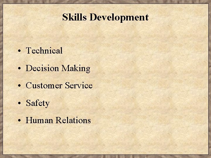 Skills Development • Technical • Decision Making • Customer Service • Safety • Human