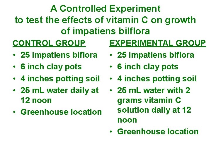 A Controlled Experiment to test the effects of vitamin C on growth of impatiens