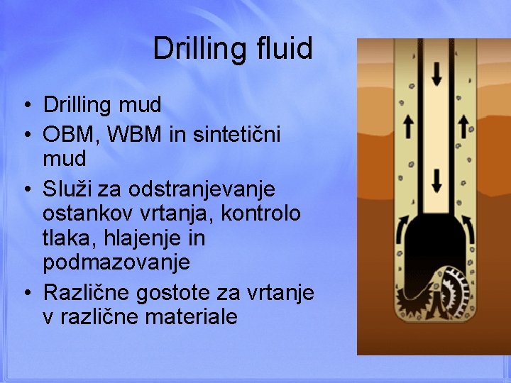 Drilling fluid • Drilling mud • OBM, WBM in sintetični mud • Služi za